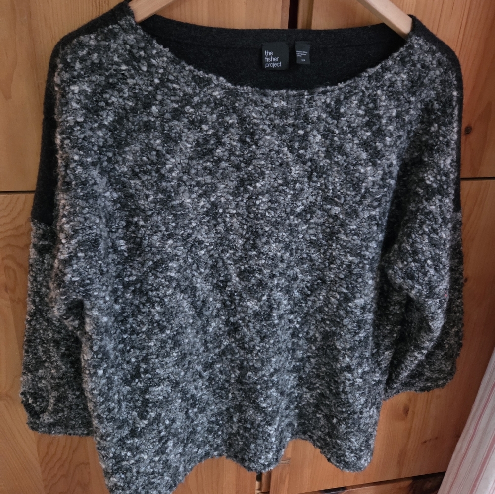 The Fisher Project Women's Grey & Black Boucle Boxy Wool & Mohair Sweater Med